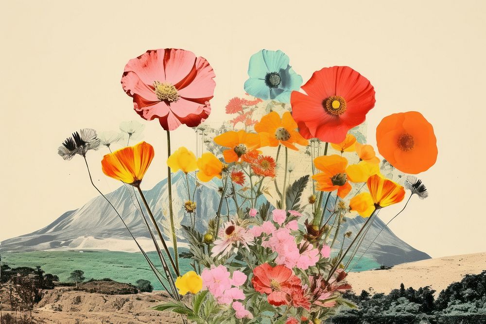 Collage Retro dreamy wildflower outdoors nature poppy.