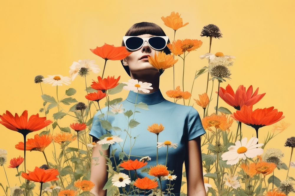 Collage Retro dreamy wildflower sunglasses portrait plant.