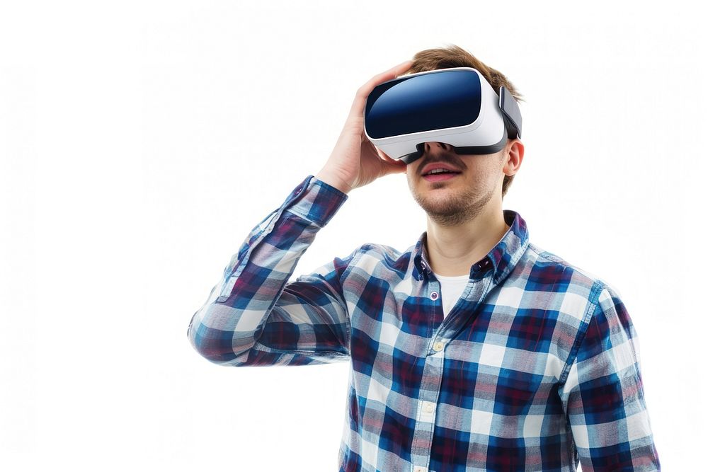 Virtual reality headset portrait photo white background.