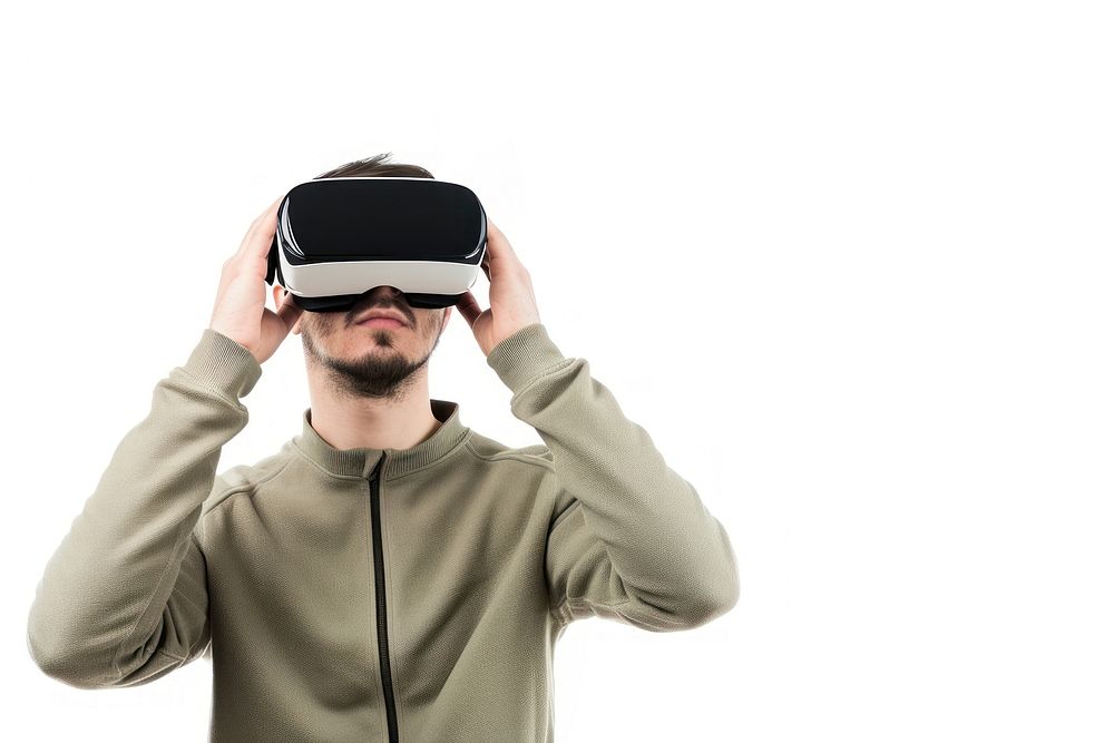 Virtual reality headset portrait photo white background.