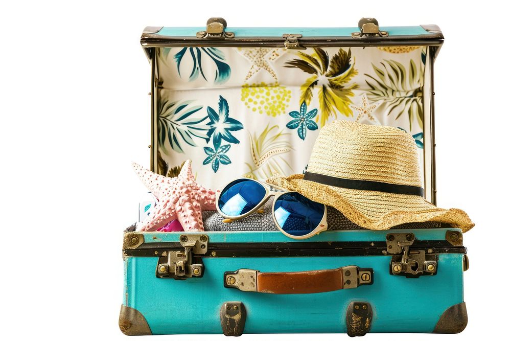 Beach accessories suitcase luggage white background.