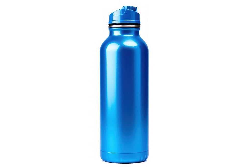 Blue metalic water bottle blue white background drinkware.