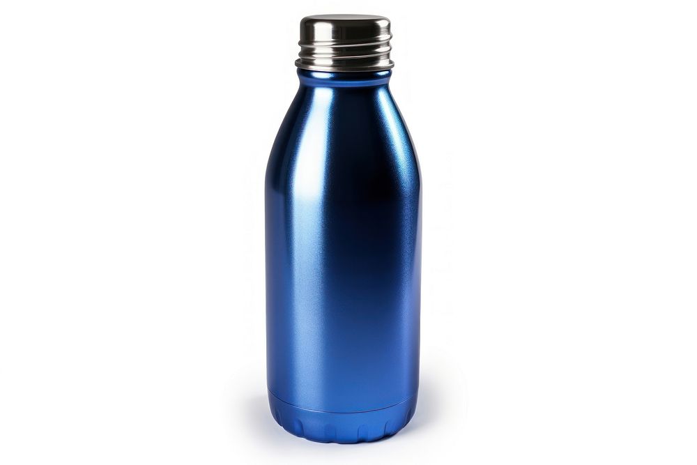 Blue metalic water bottle blue white background refreshment.