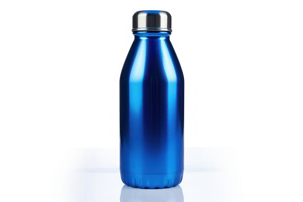 Blue metallic water bottle blue white background refreshment.