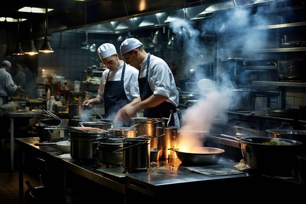 Chef Works in a Big Restaurant Kitchen chef restaurant kitchen.