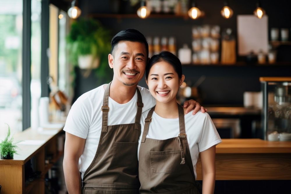 Thai couple apron togetherness entrepreneur. AI generated Image by rawpixel.
