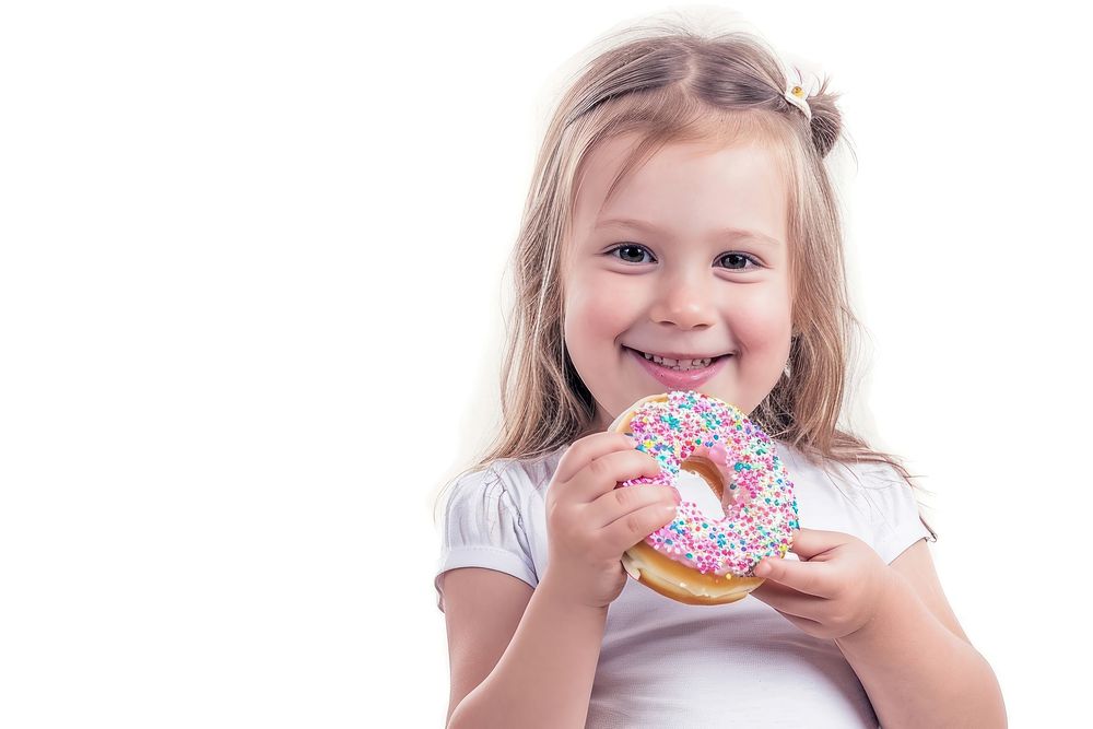 Little girl holding donut child food white background.