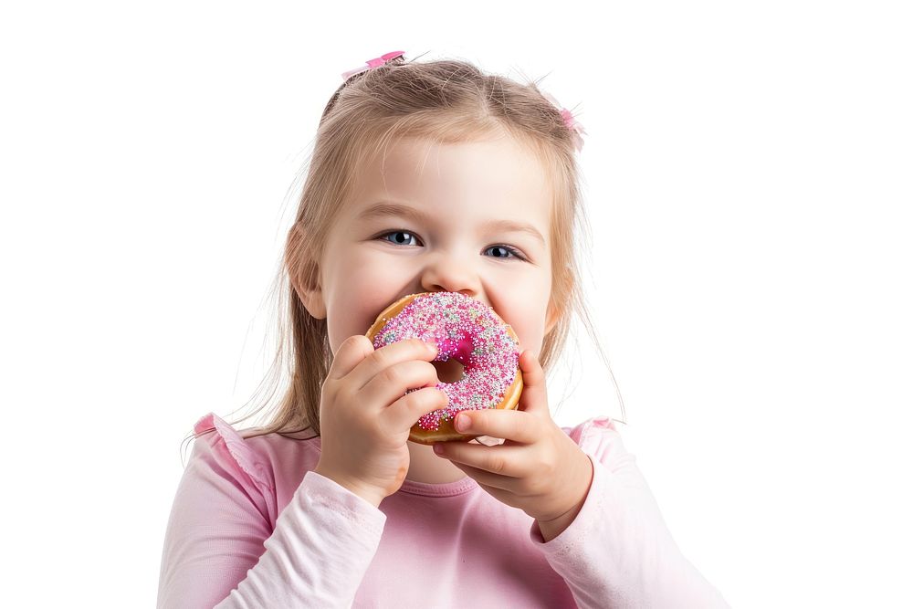 Little girl holding donut eating biting child.