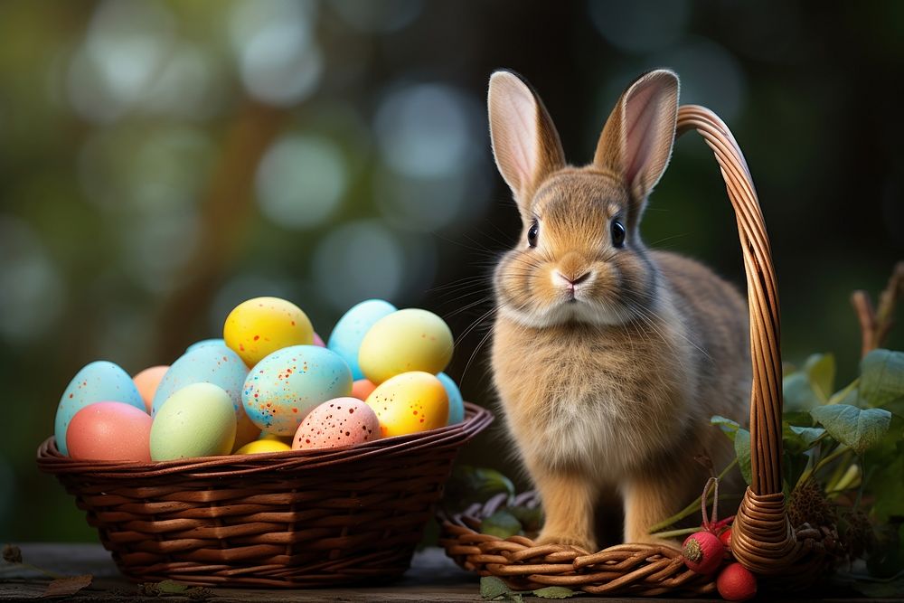Rabbit and colored eggs in the basket animal rodent mammal. AI generated Image by rawpixel.