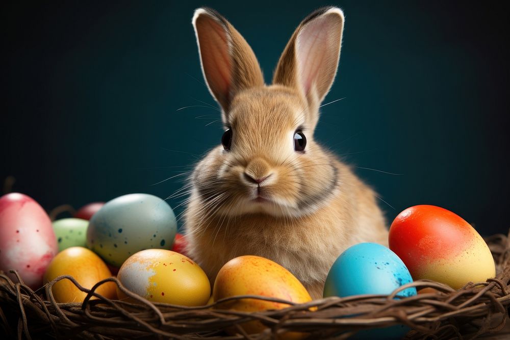 Rabbit and colored eggs in the basket rodent animal mammal. AI generated Image by rawpixel.