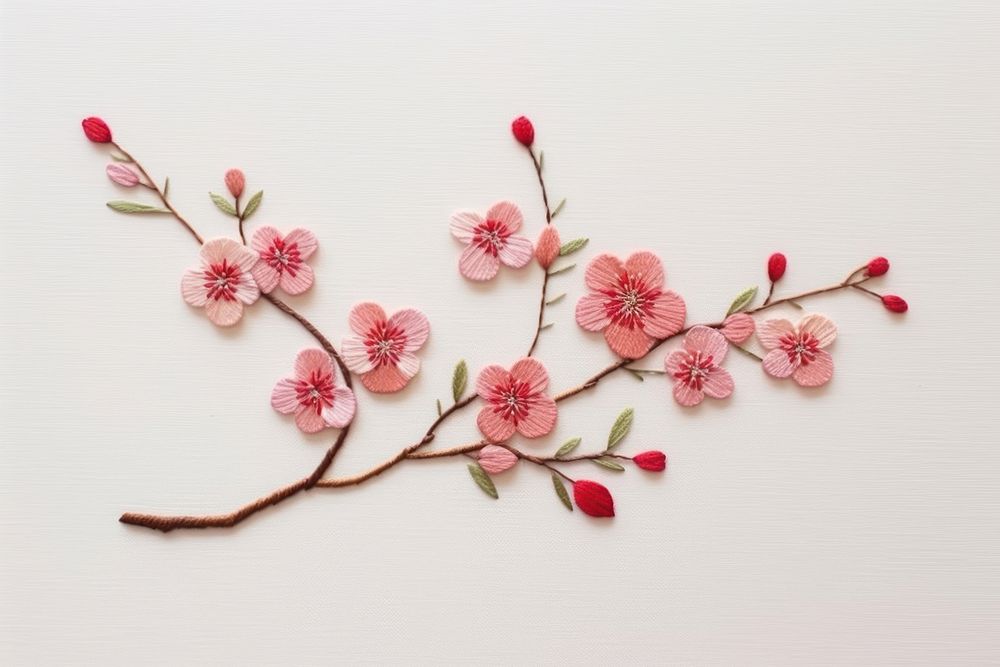 Embroidery style cherry blossom white fabric leaves.
