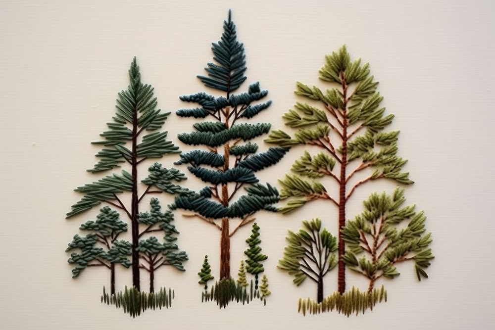 Embroidery forest white fabric pine tree.