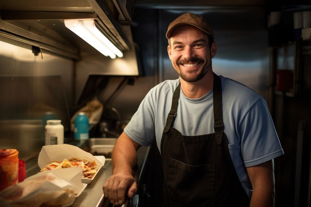 American man in fast food trailer portrait adult chef. AI generated Image by rawpixel.