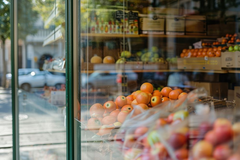 Supermarket shop window glass plant food.