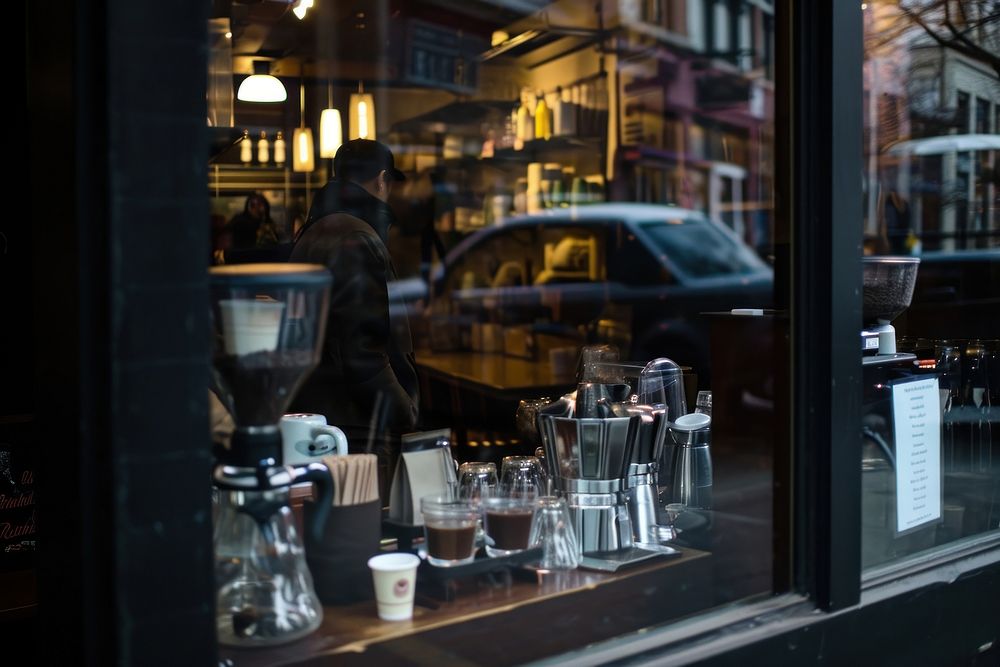 Coffee store shop window street glass bar.