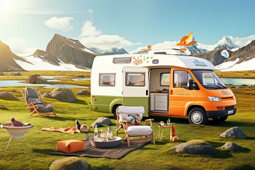 Sun Scene of Moss cover on volcanic landscape with motor home camping van car of Iceland outdoors vehicle transportation.