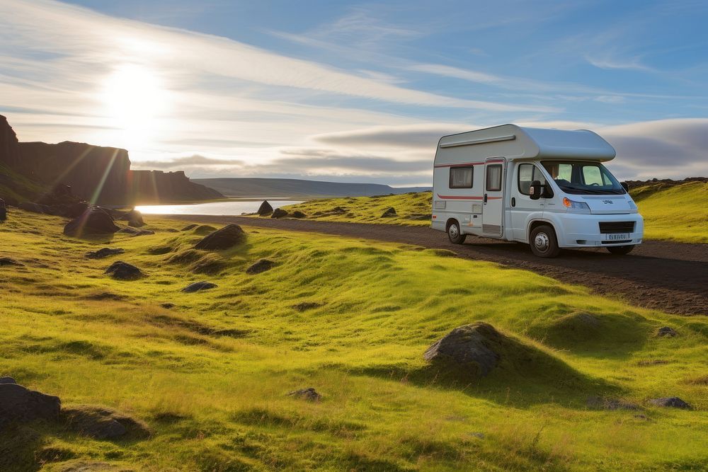 Sun Scene of Moss cover on volcanic landscape with motor home camping van car of Iceland outdoors vehicle nature.