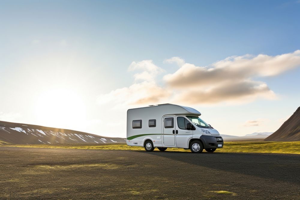 Sun Scene of Moss cover on volcanic landscape with motor home camping van car of Iceland vehicle transportation architecture.