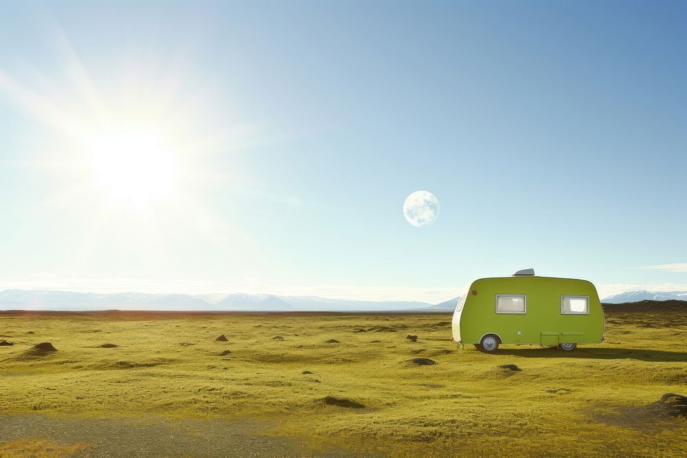 Sun Scene of Moss cover on volcanic landscape with motor home camping van car of Iceland outdoors vehicle nature.