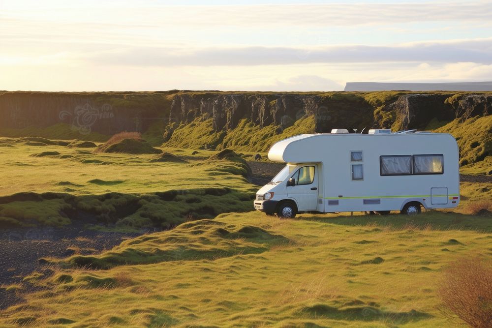 Sun Scene of Moss cover on volcanic landscape with motor home camping van car of Iceland vehicle transportation sunlight.