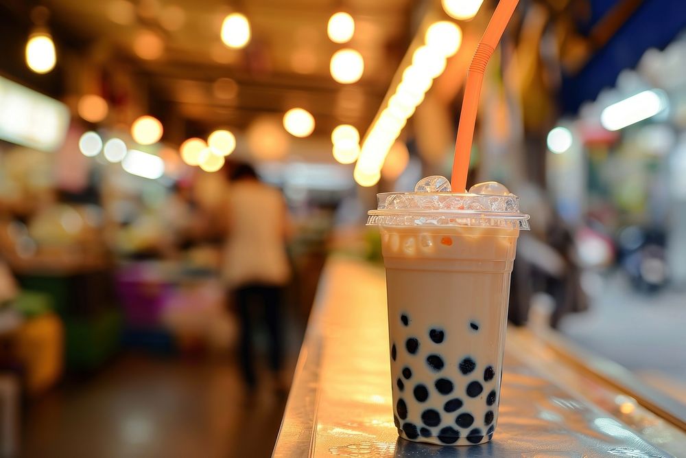Taiwanese bubble milk tea drink refreshment illuminated.