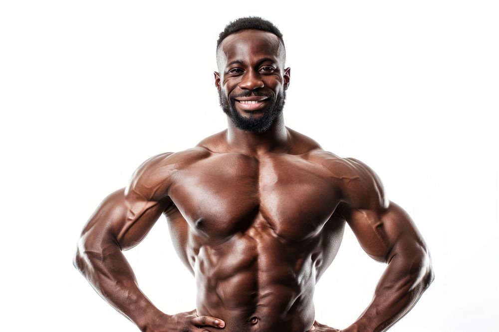 Exercise teacher showing off his big muscles portrait adult torso.