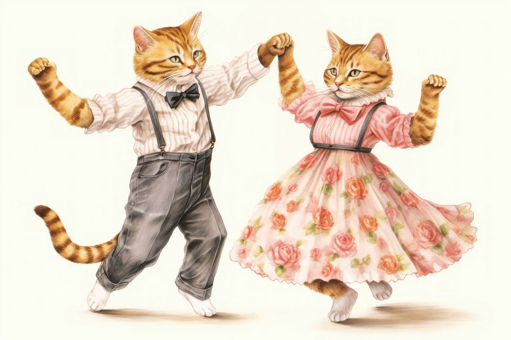 Cat couple characters dancing mammal animal sketch.
