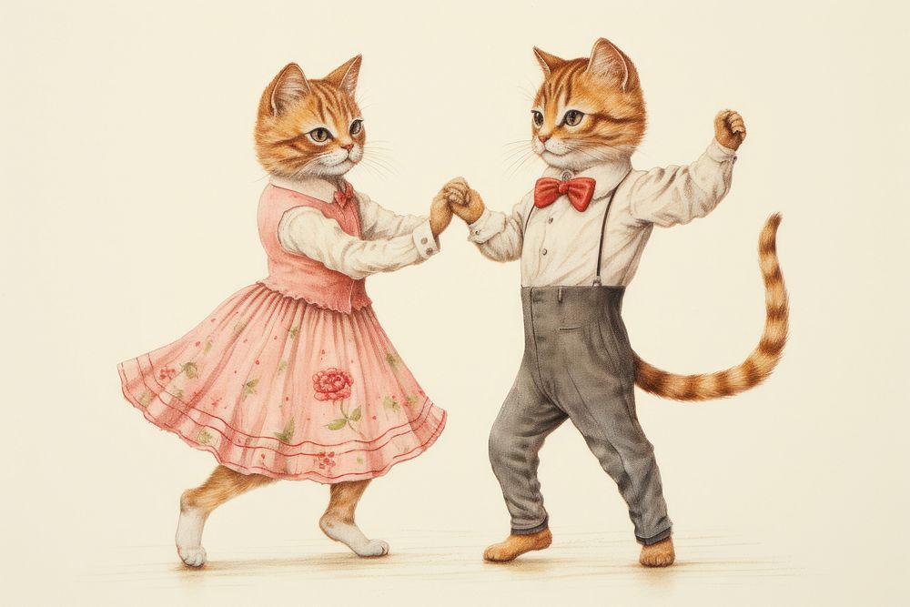 Cat couple characters dancing drawing animal mammal.