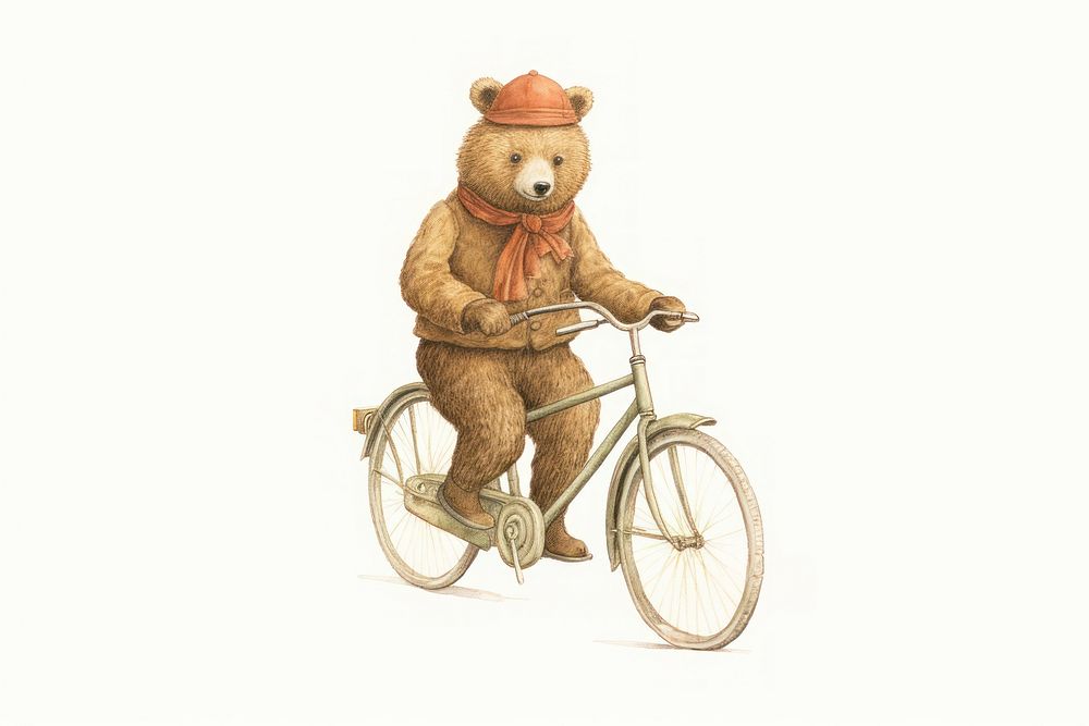 Bear character riding bicycle vehicle cycling drawing.