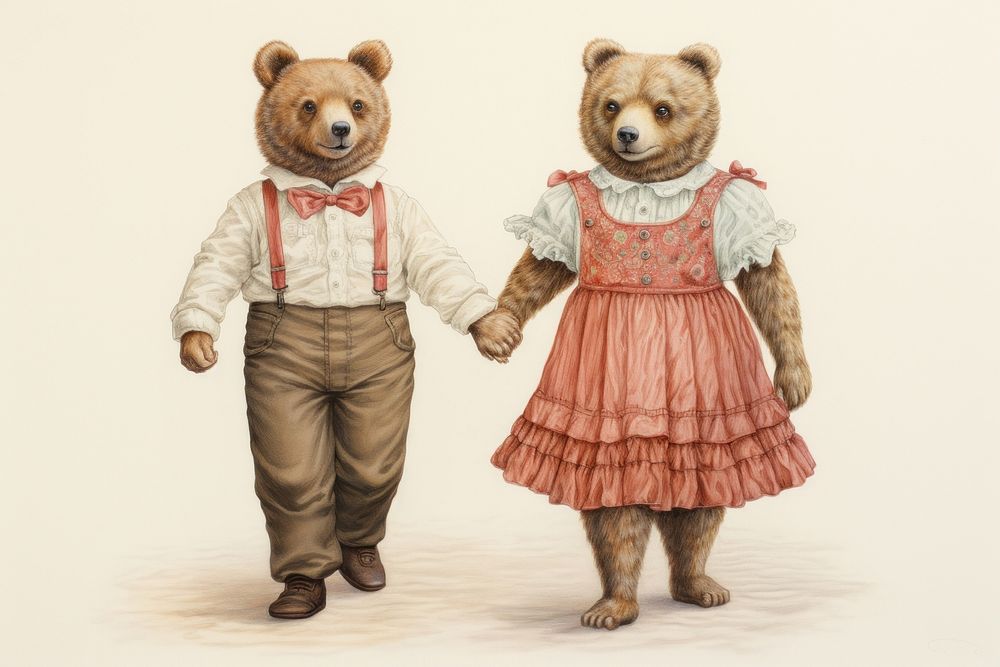 Bear couple characters holding hands drawing sketch mammal.