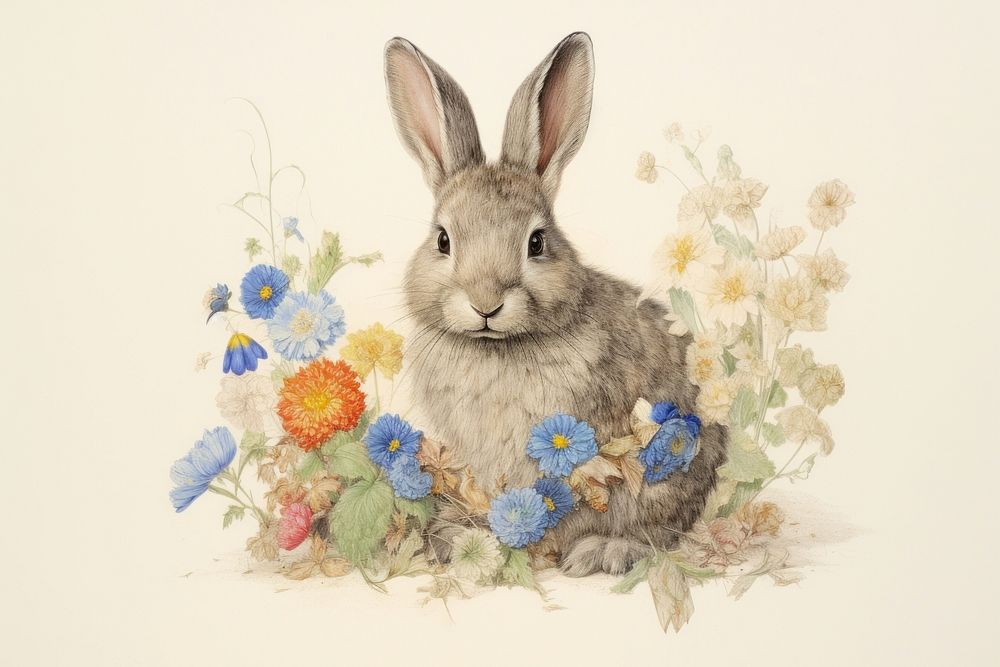 Rabbit with flowers drawing sketch animal.
