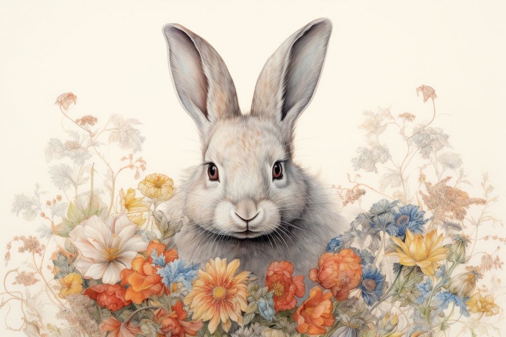Rabbit with flowers painting drawing animal.