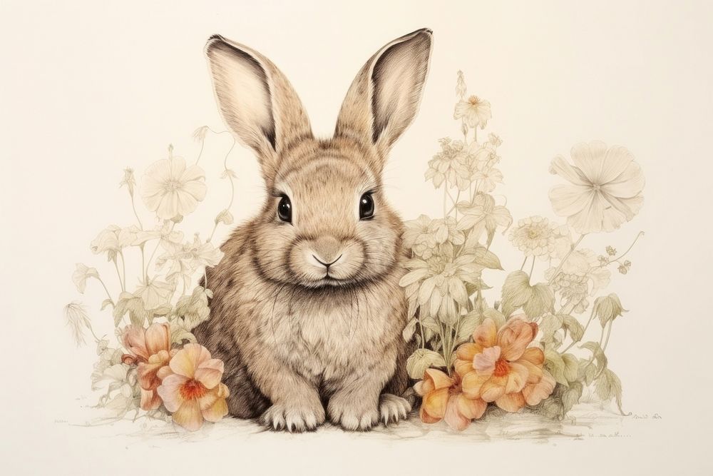 Rabbit with flowers drawing sketch animal.