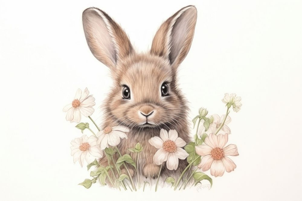Rabbit with flowers drawing sketch rodent.