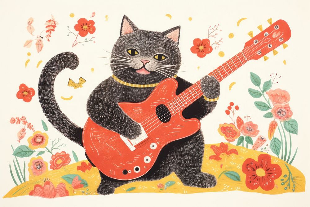 Cat playing guitar mammal representation performance. AI generated Image by rawpixel.