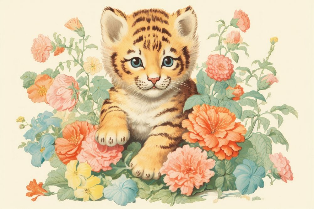 Baby tiger in flower garden pattern animal mammal. AI generated Image by rawpixel.