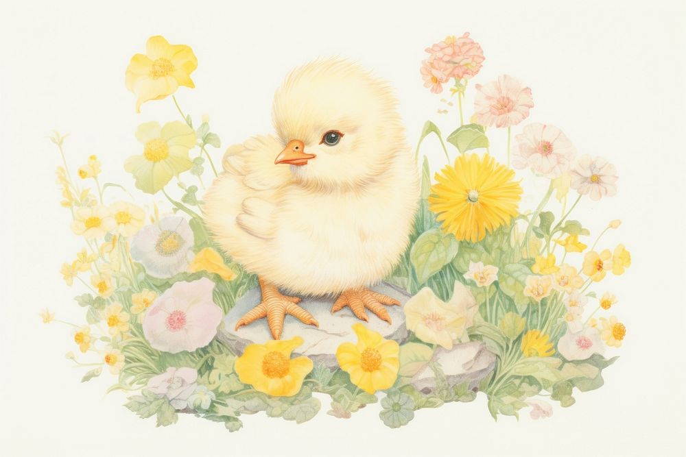 Baby chick in flower garden animal bird cute. AI generated Image by rawpixel.