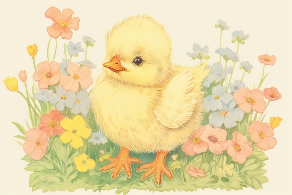 Baby chick in flower garden poultry animal bird. AI generated Image by rawpixel.