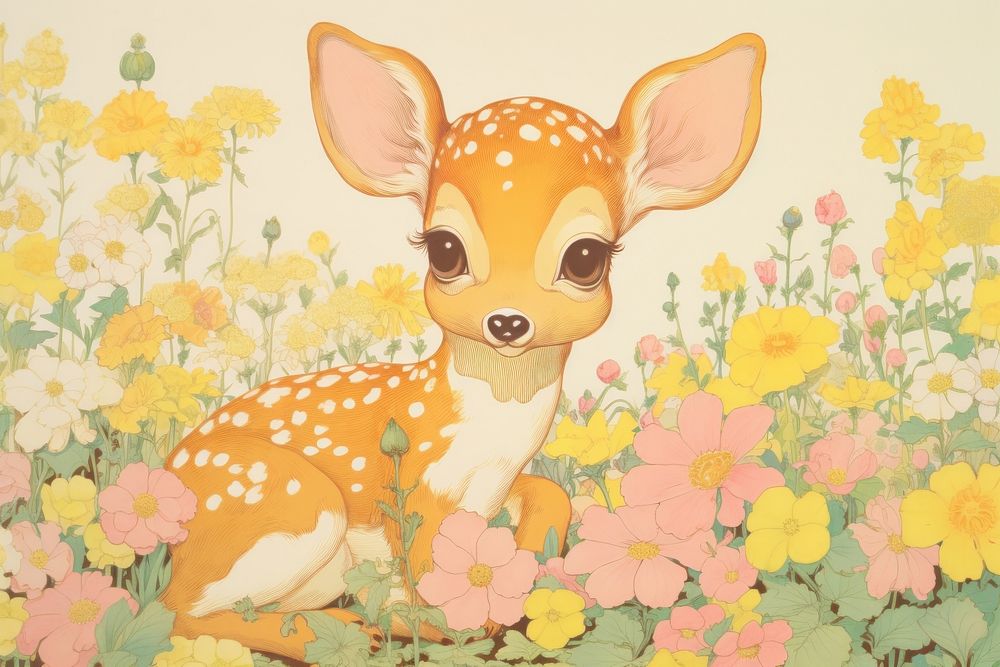 Baby deer in flower garden animal mammal plant. AI generated Image by rawpixel.