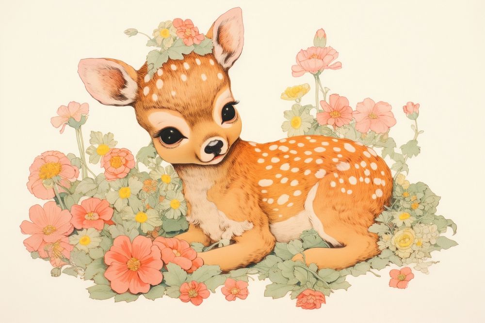 Baby deer in flower garden pattern drawing animal. AI generated Image by rawpixel.