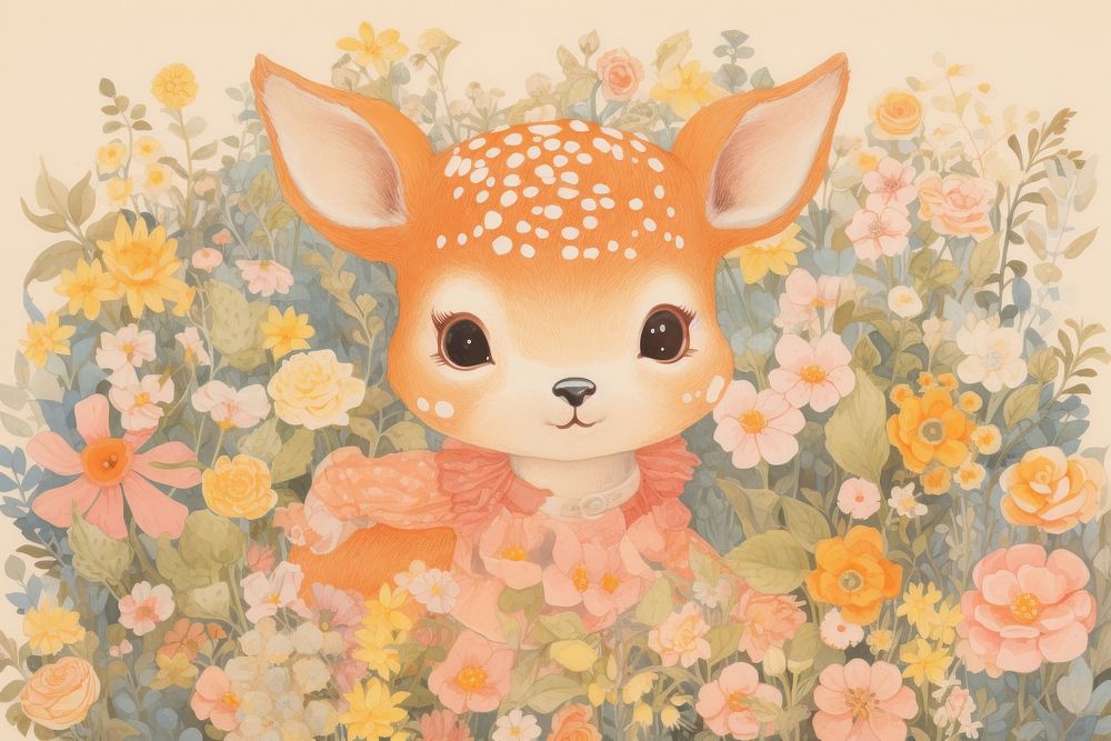 Baby deer in flower garden painting pattern animal. AI generated Image by rawpixel.