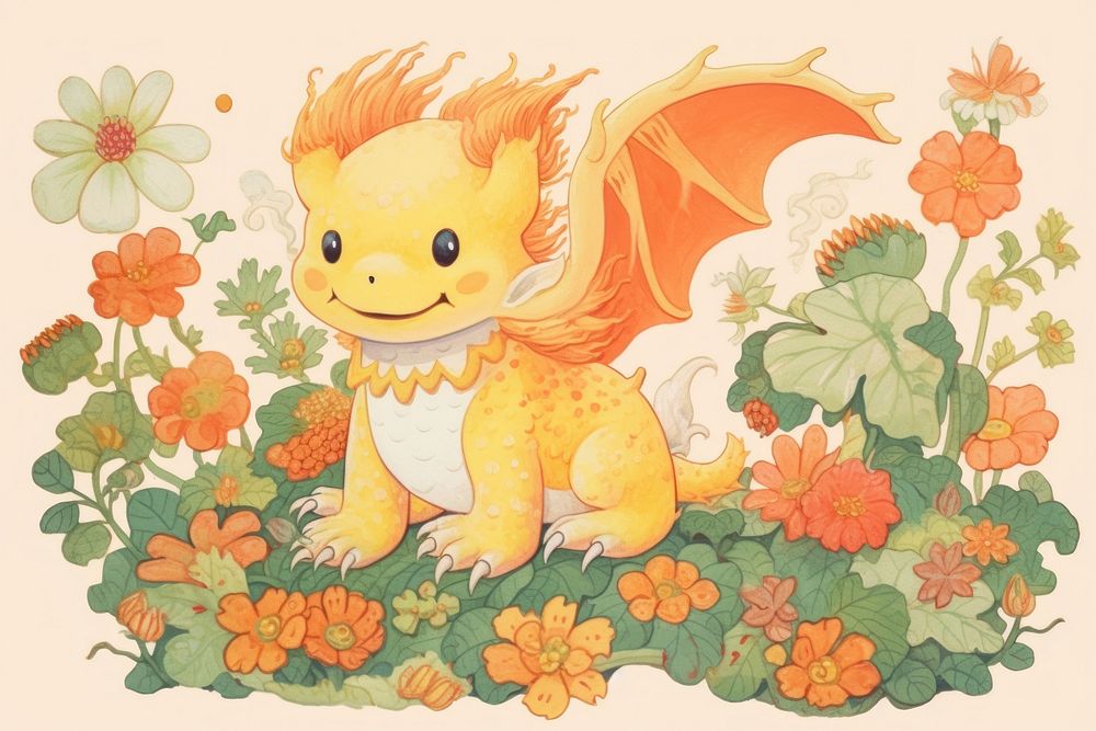Baby dragon in flower garden cartoon animal cute. AI generated Image by rawpixel.