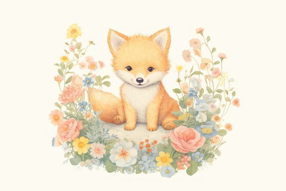 Baby fox in flower garden mammal animal cute. AI generated Image by rawpixel.