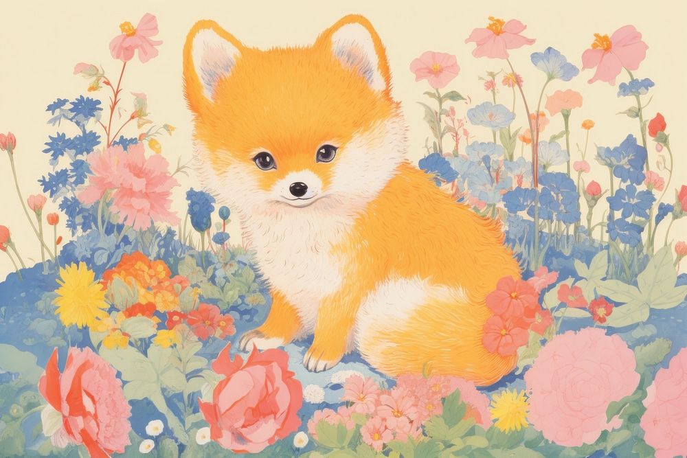 Baby fox in flower garden painting pattern mammal. AI generated Image by rawpixel.