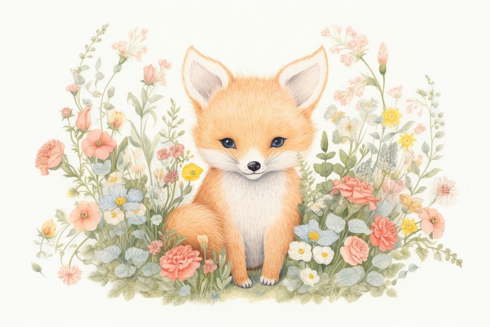 Baby fox in flower garden mammal animal plant. AI generated Image by rawpixel.