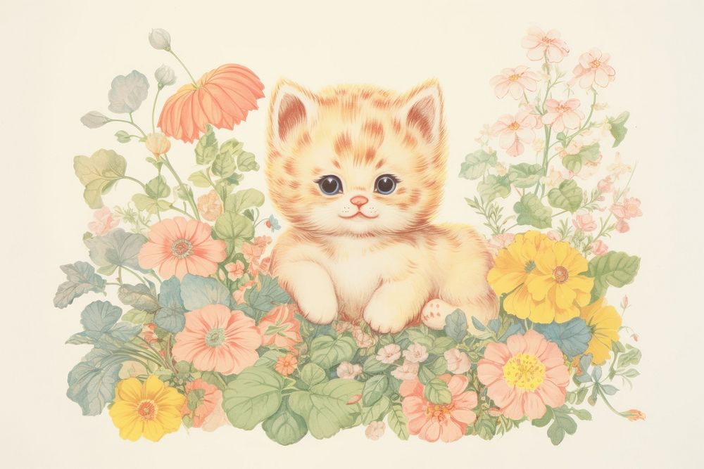 Baby kitten in flower garden animal mammal plant. AI generated Image by rawpixel.