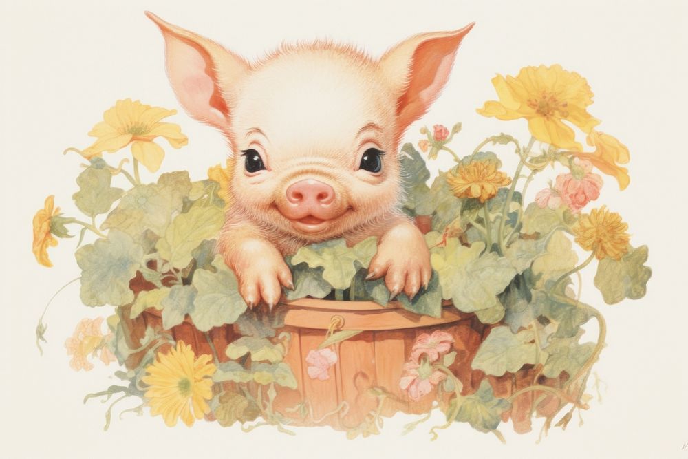 Baby piglet in flower garden animal mammal plant. AI generated Image by rawpixel.