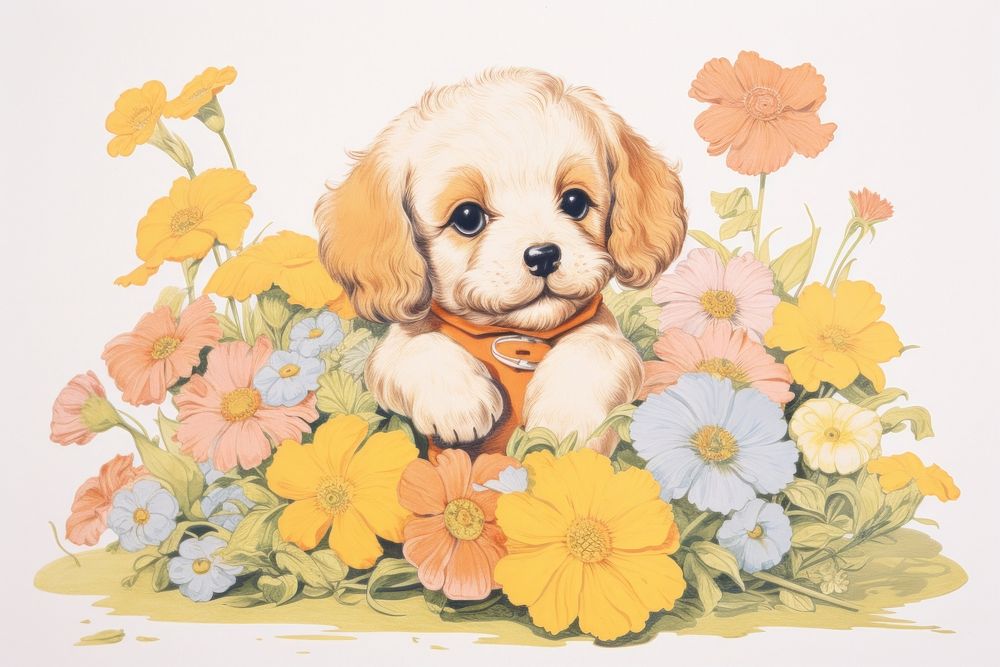 Baby puppy in flower garden painting drawing animal. AI generated Image by rawpixel.