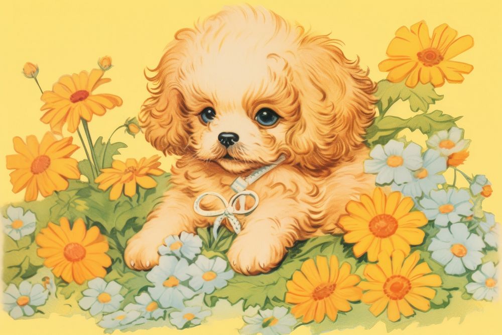 Baby puppy in flower garden animal mammal plant. AI generated Image by rawpixel.