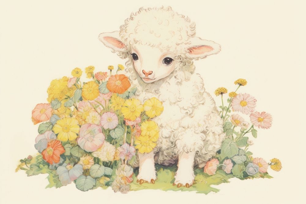 Baby sheep in flower garden livestock animal mammal. AI generated Image by rawpixel.